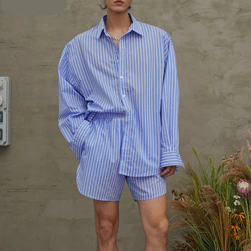 AIDASE  -  Korean Style Fashion Striped Sets Men's Long Sleeved Shirt Shorts Casual Streetwear Male Loose Two-piece Sets S-5XL aidase-shop